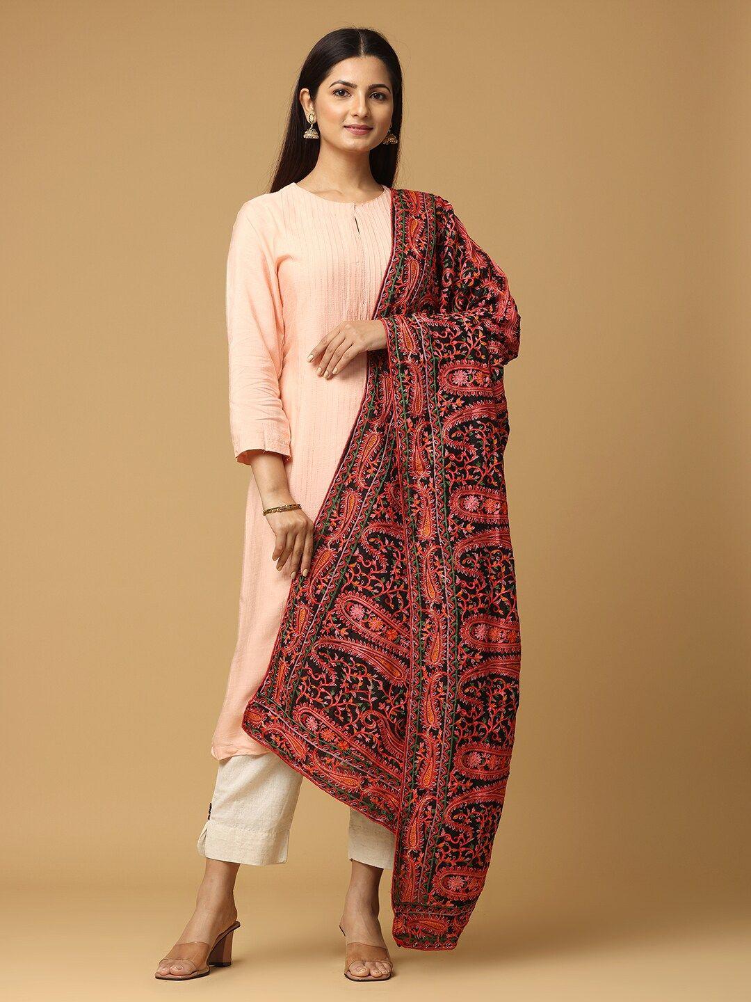 vastranand black & pink ethnic motifs embroidered dupatta with thread work