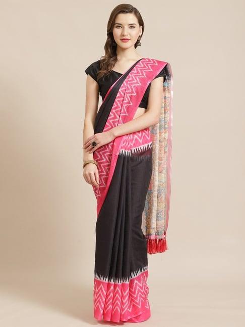 vastranand black & pink ikkat print saree with unstitched blouse