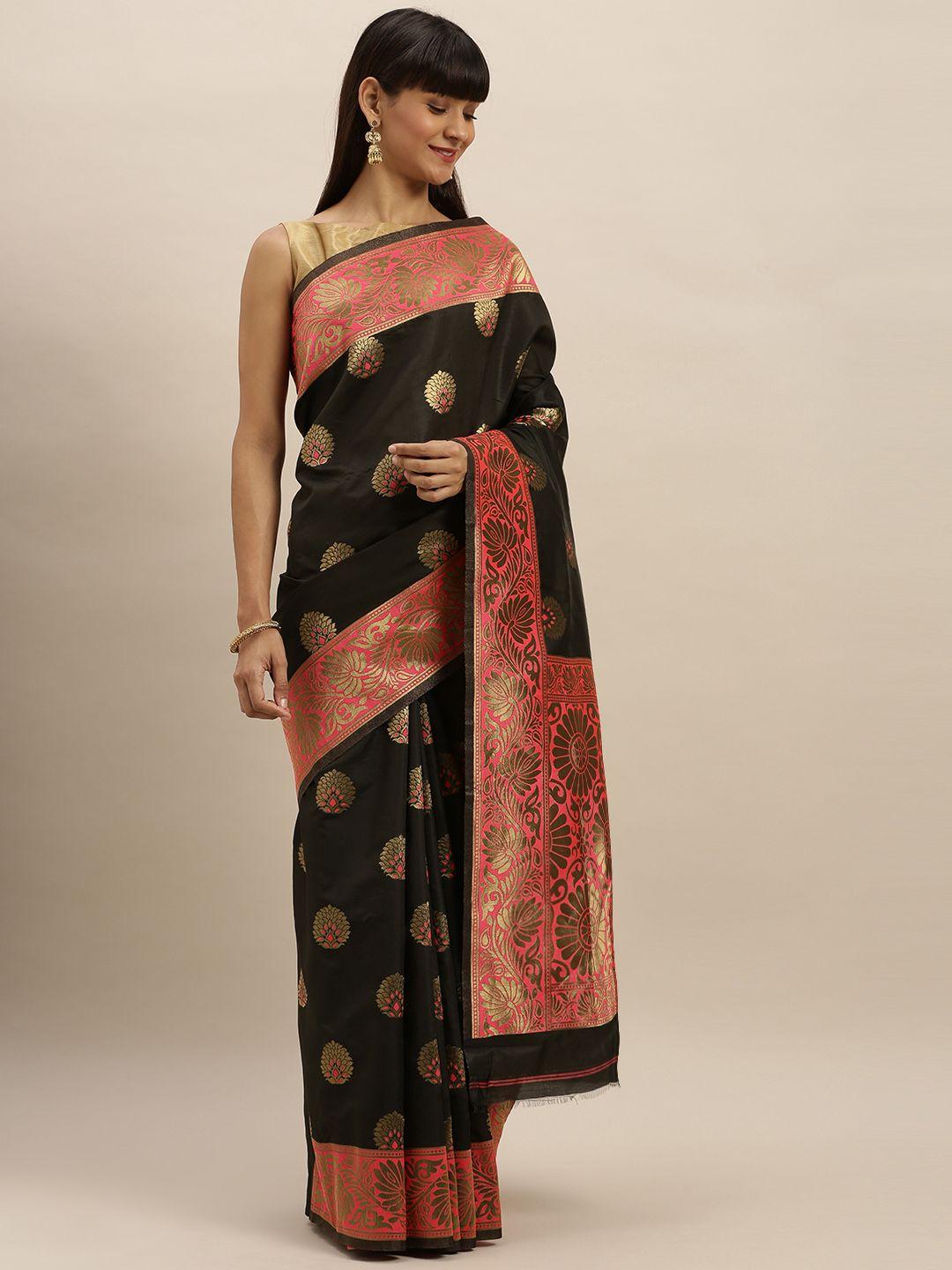 vastranand black & pink silk blend embroidered banarasi saree