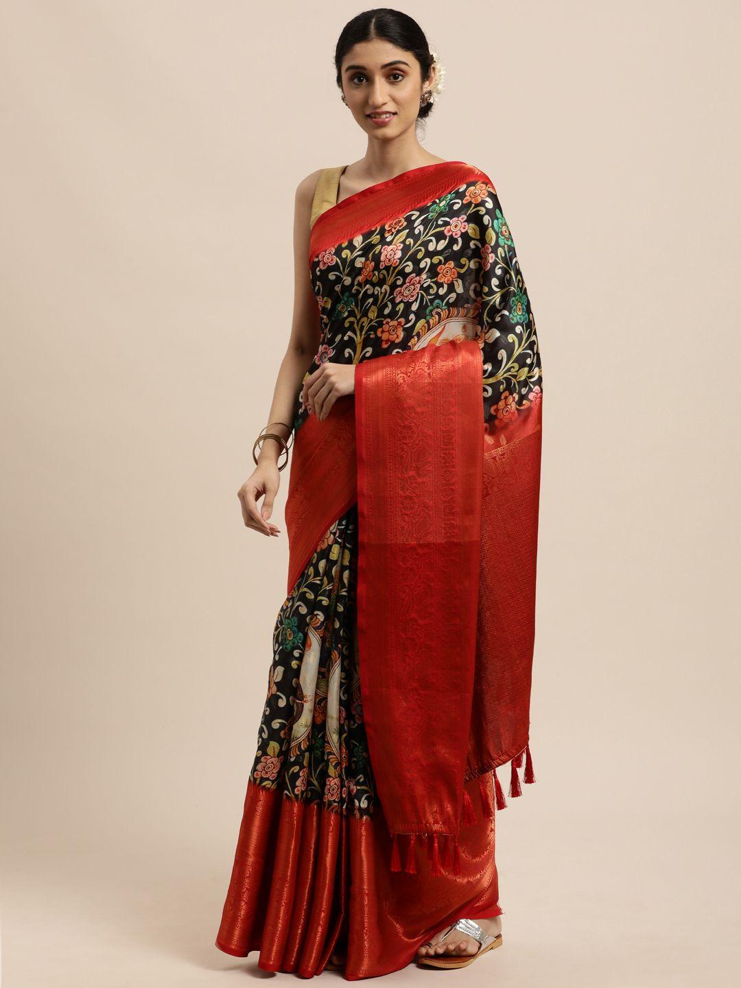 vastranand black & red kalamkari zari silk blend kanjeevaram saree