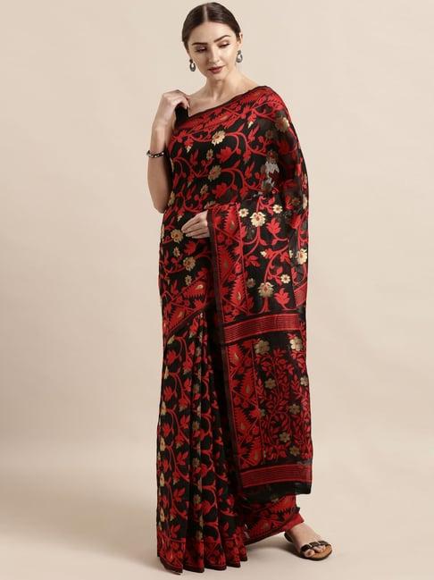 vastranand black & red woven saree with unstitched blouse