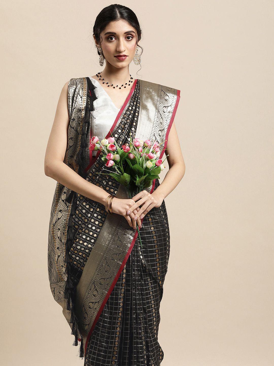 vastranand black & silver-toned zari silk blend banarasi saree