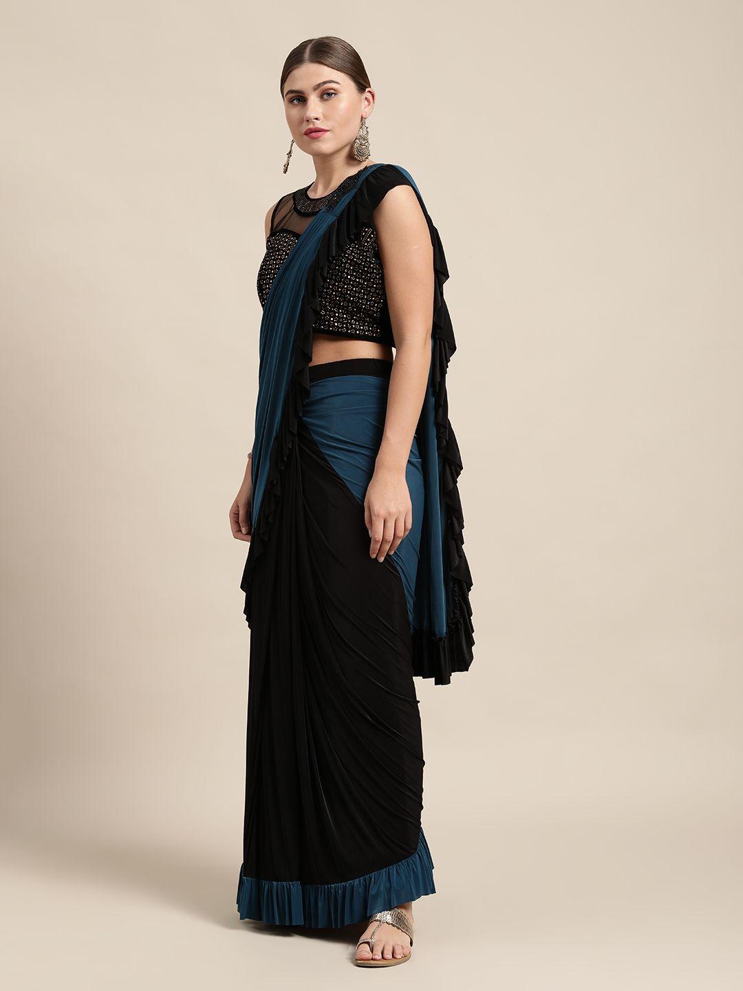 vastranand black & teal blue ruffled ready to wear saree with embellished blouse