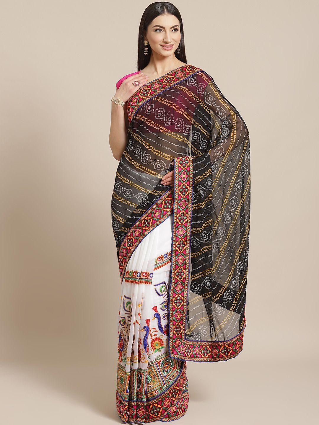 vastranand black & white kutchi embroidered half and half bandhani saree