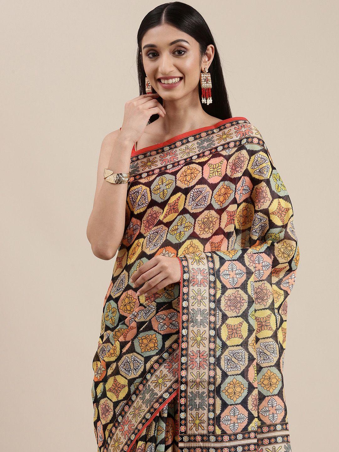 vastranand black & yellow ethnic motifs linen blend block print saree