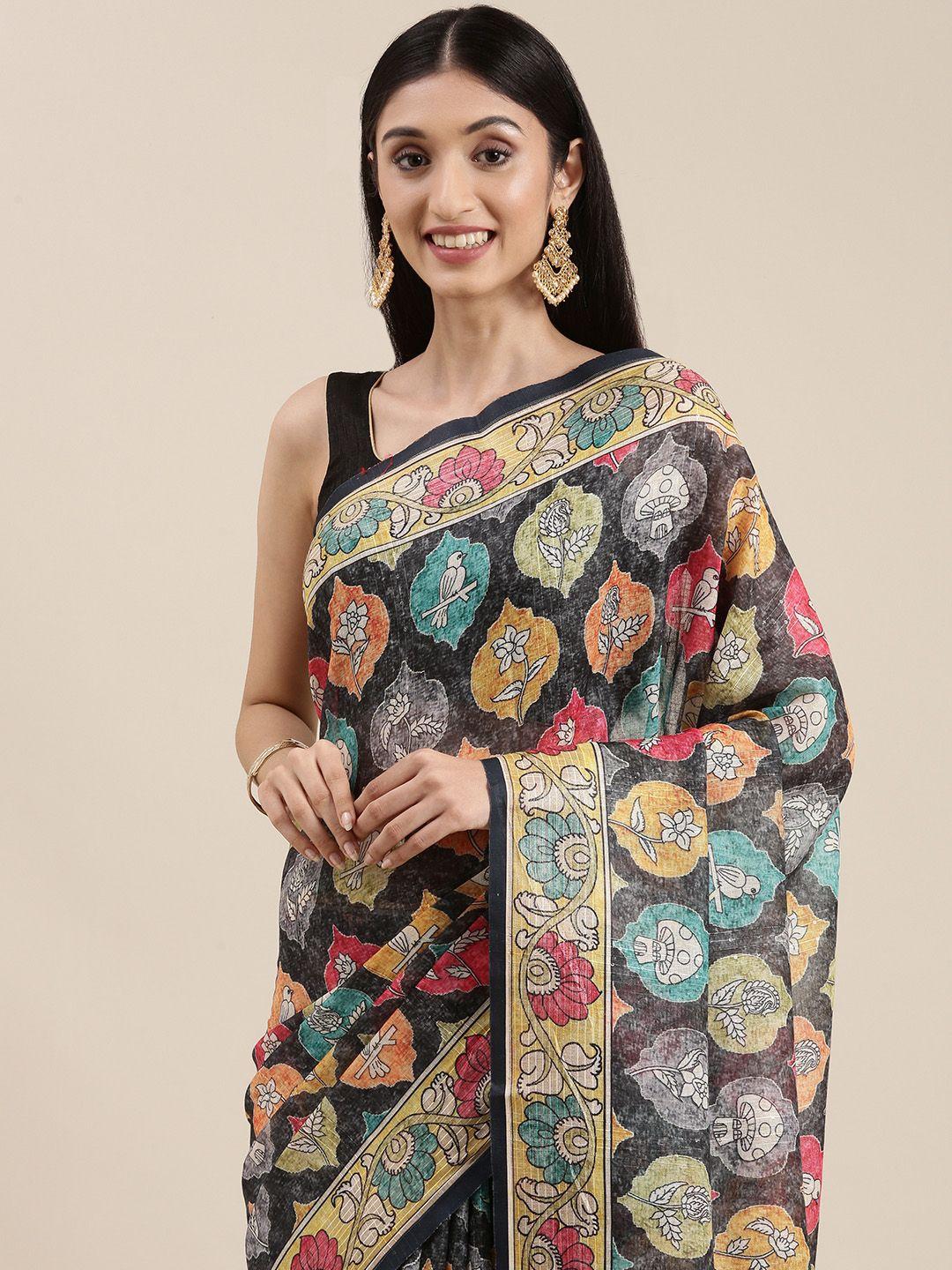 vastranand black & yellow linen blend block print saree