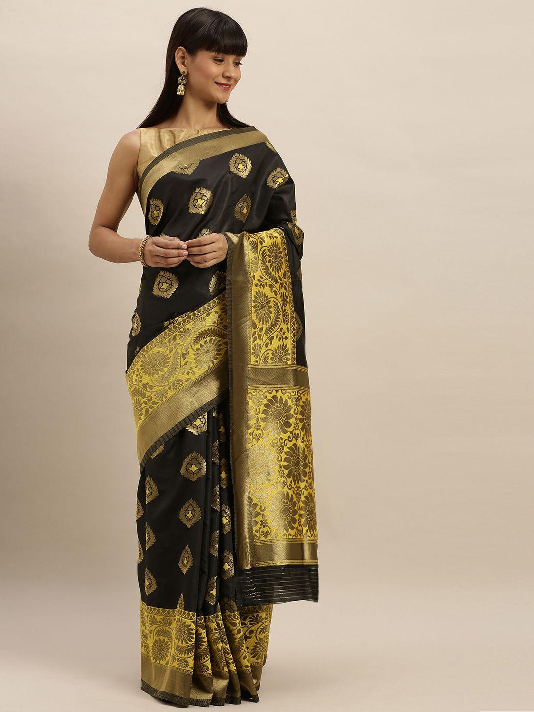 vastranand black & yellow silk blend embroidered banarasi saree