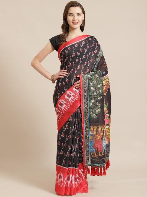 vastranand black ikkat print saree with unstitched blouse