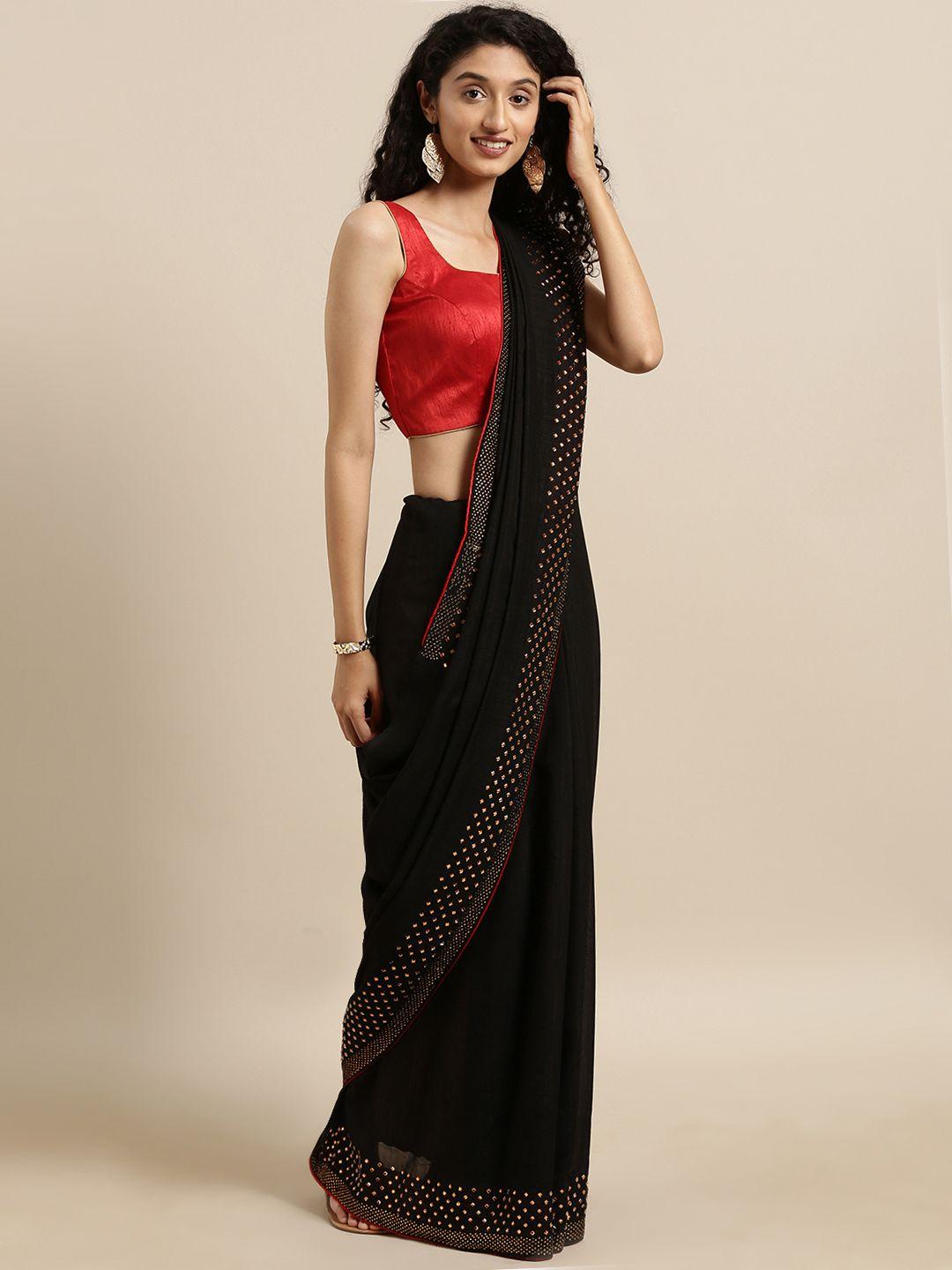 vastranand black solid vichitra poly silk saree with embellished border