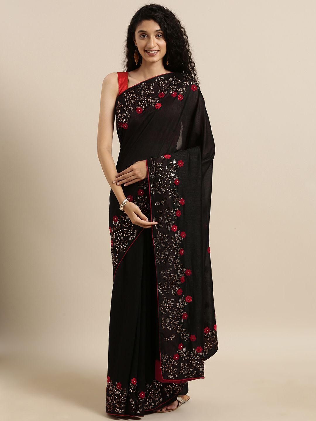 vastranand black vichitra poly silk solid saree with embellished border