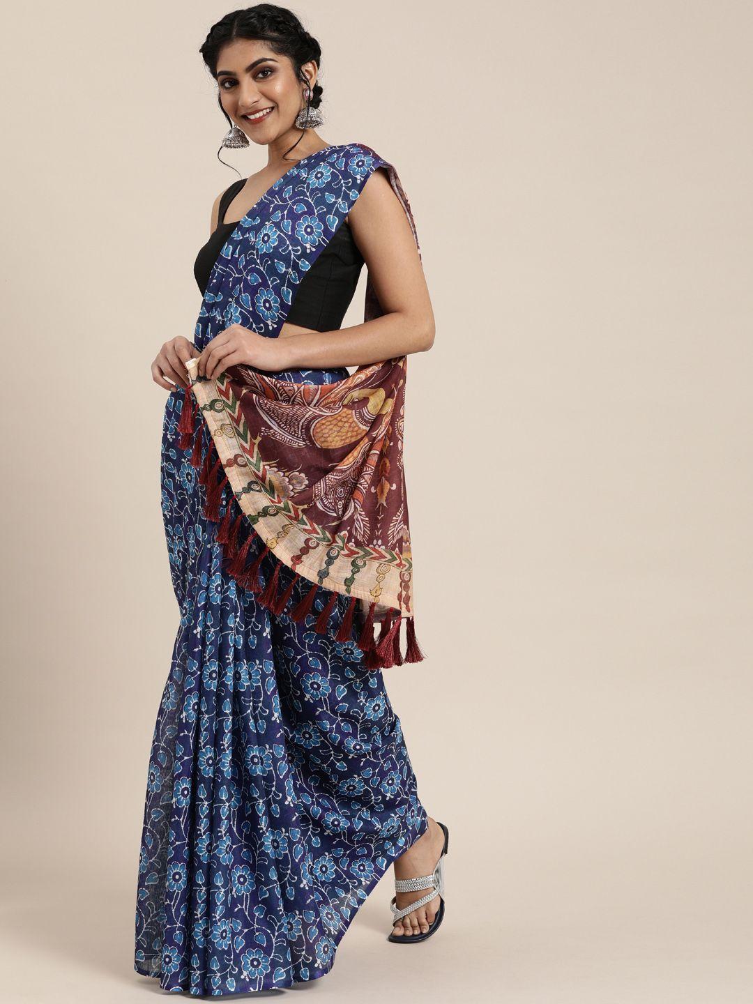 vastranand blue & burgundy linen blend printed bagru celebrity saree