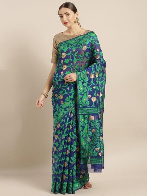 vastranand blue & green woven saree with unstitched blouse