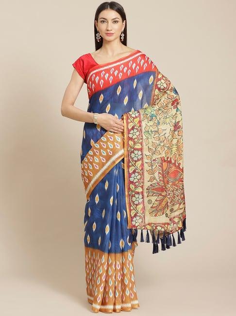 vastranand blue & orange ikkat print saree with unstitched blouse