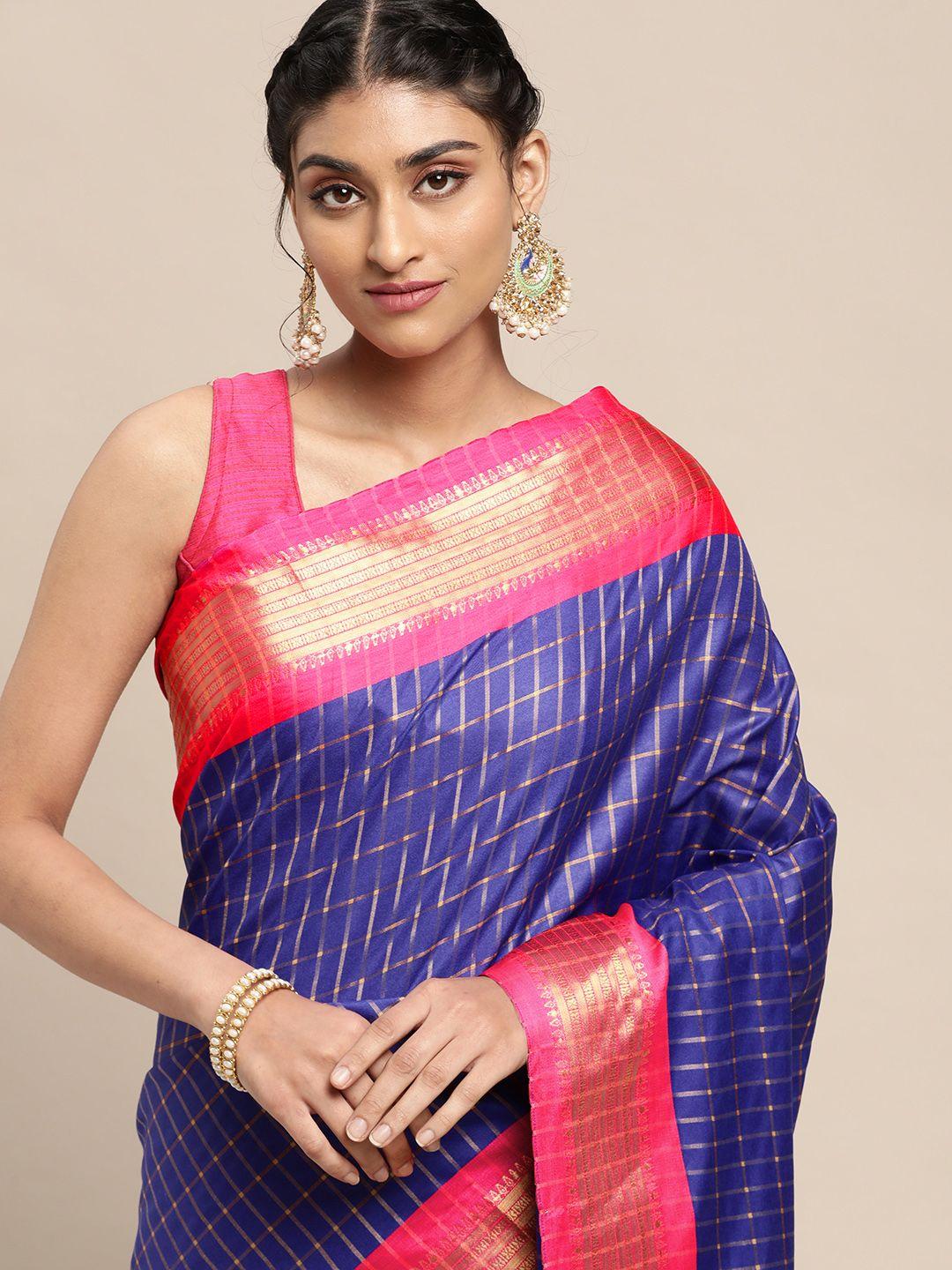 vastranand blue & pink checked pure silk gadwal saree