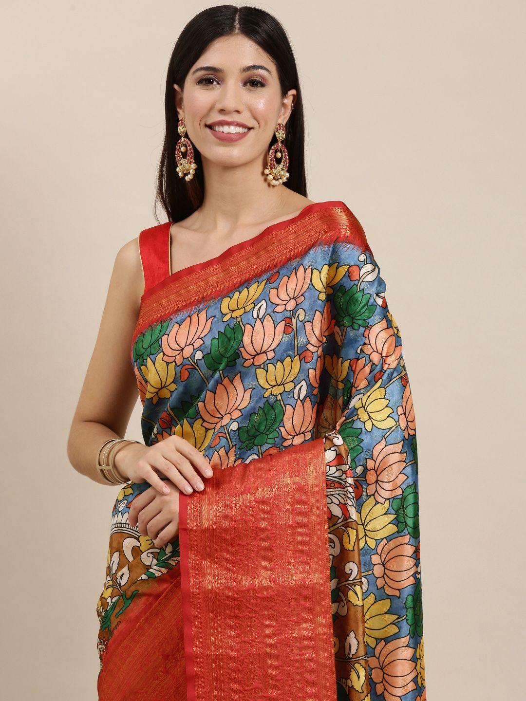 vastranand blue & red floral print banarasi saree