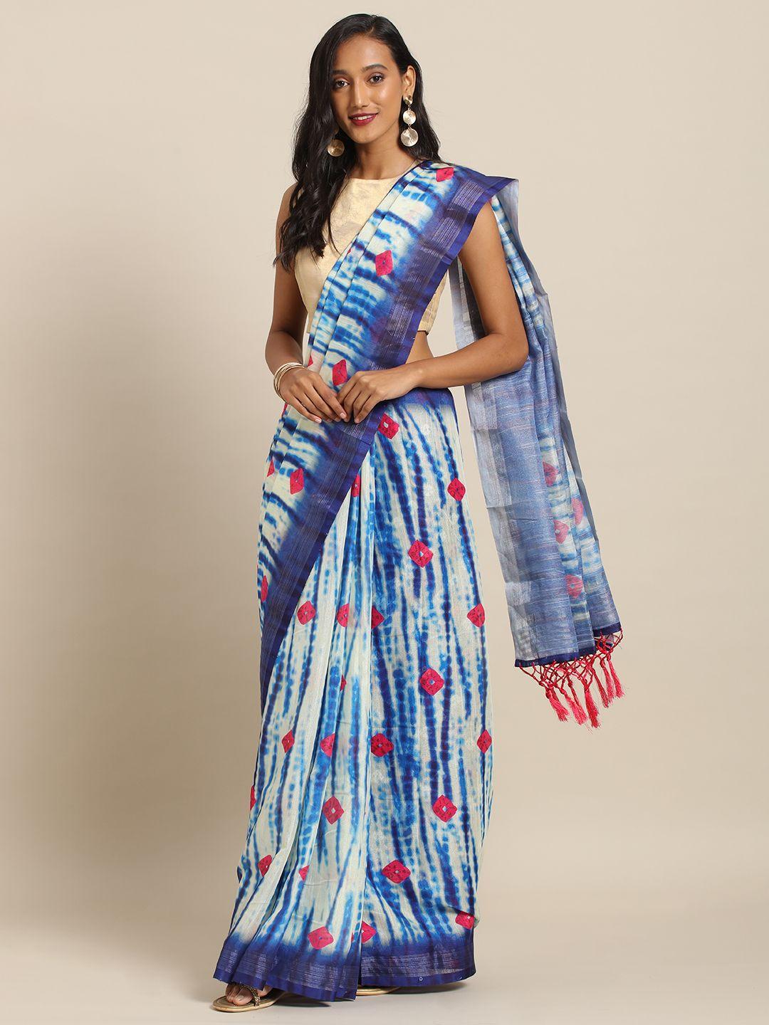 vastranand blue & white linen blend printed shibori saree