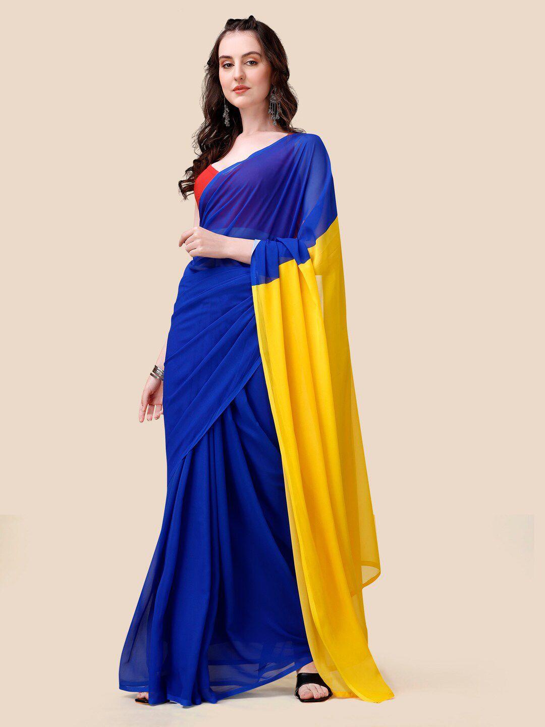 vastranand blue & yellow colourblocked poly georgette celebrity saree