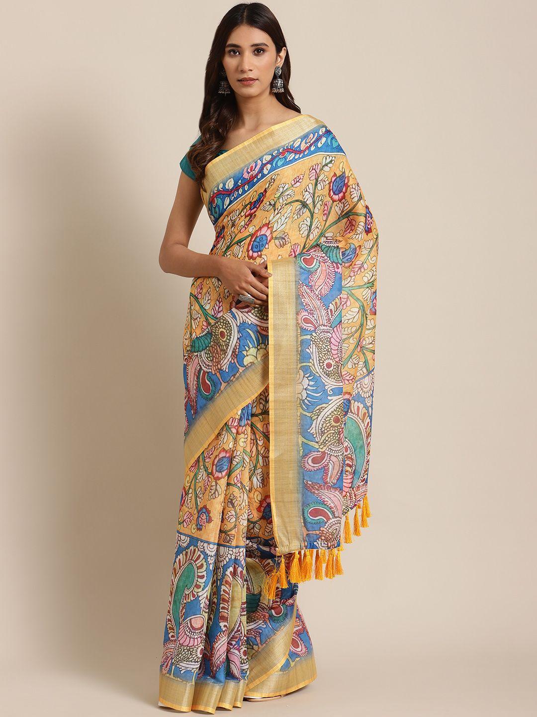 vastranand blue & yellow kalamkari print saree