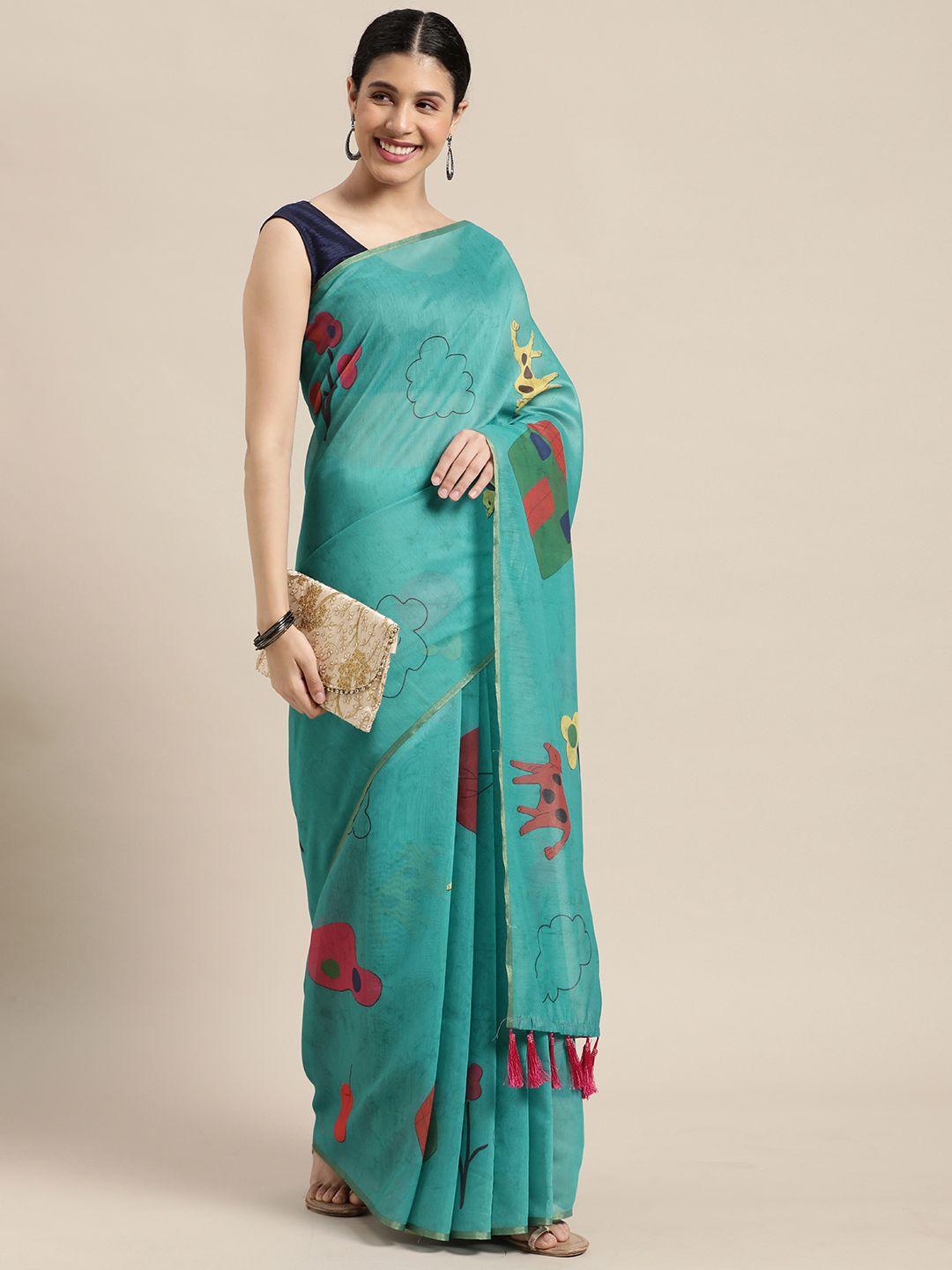 vastranand blue colourblocked zari linen blend block print saree