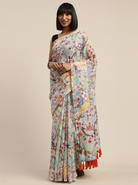 vastranand blue floral print saree with unstitched blouse