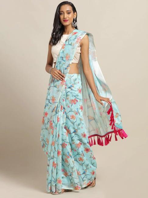 vastranand blue floral print saree with unstitched blouse