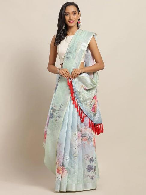 vastranand blue floral print saree with unstitched blouse