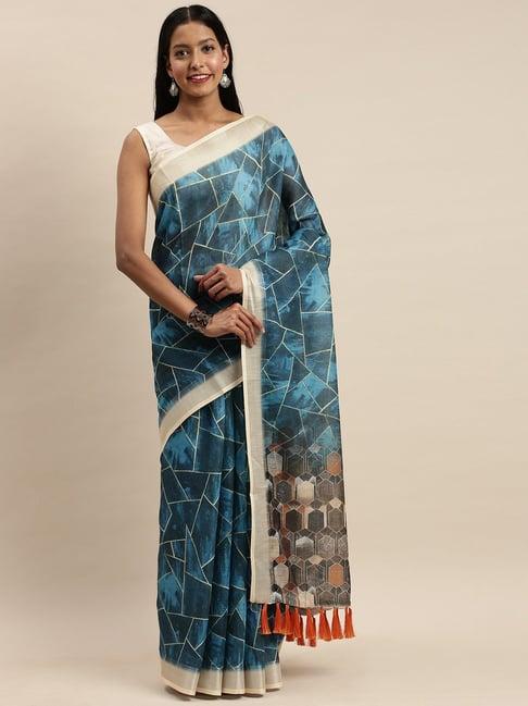 vastranand blue printed saree with unstitched blouse