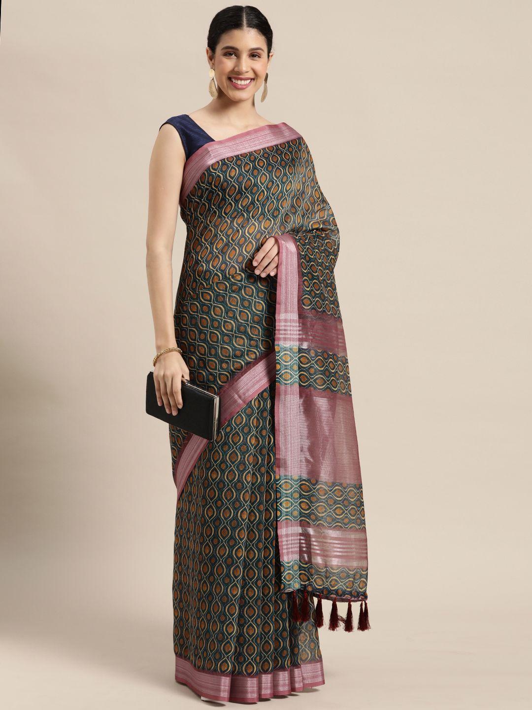 vastranand blue zari linen blend block print saree