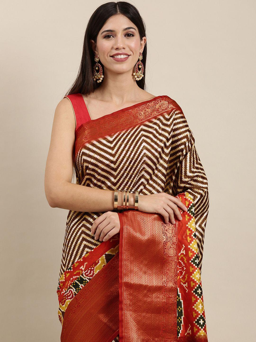 vastranand brown & off white geometric print banarasi saree