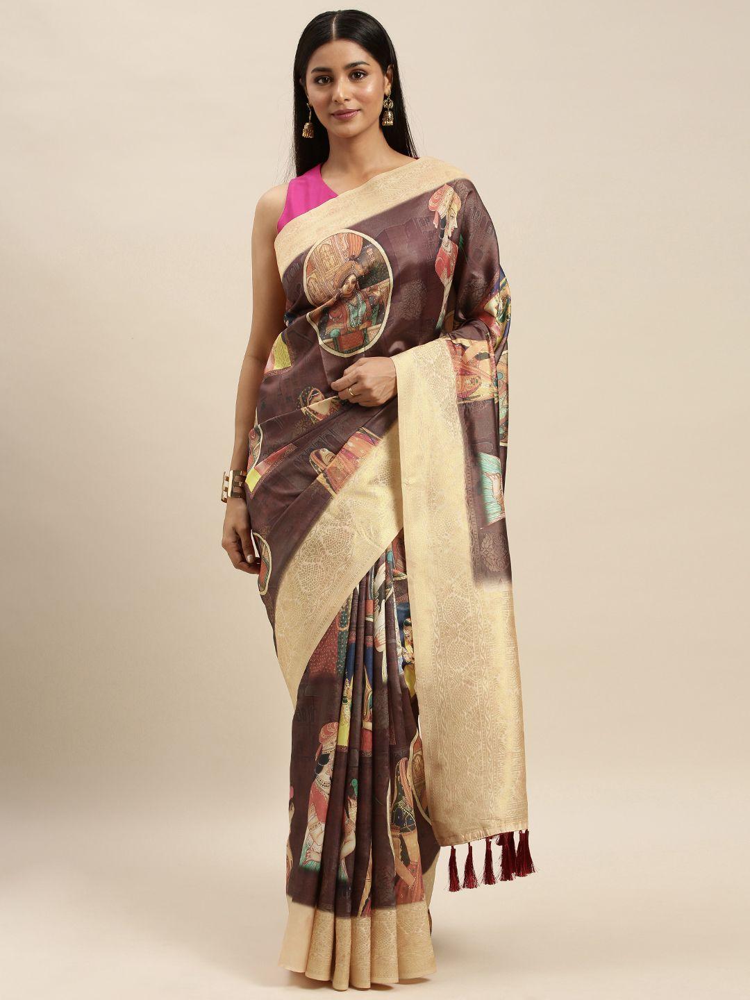 vastranand brown & off-white silk blend printed banarasi saree