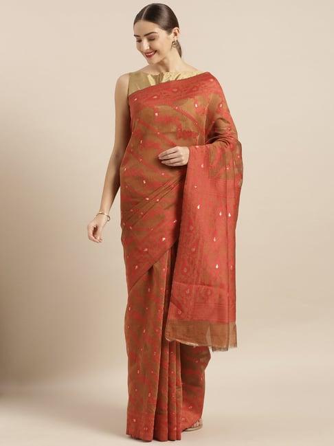 vastranand brown & red woven saree with unstitched blouse