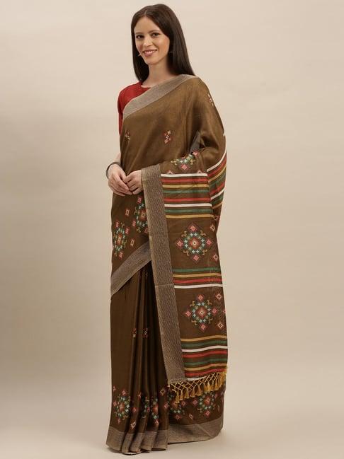 vastranand brown printed saree with unstitched blouse