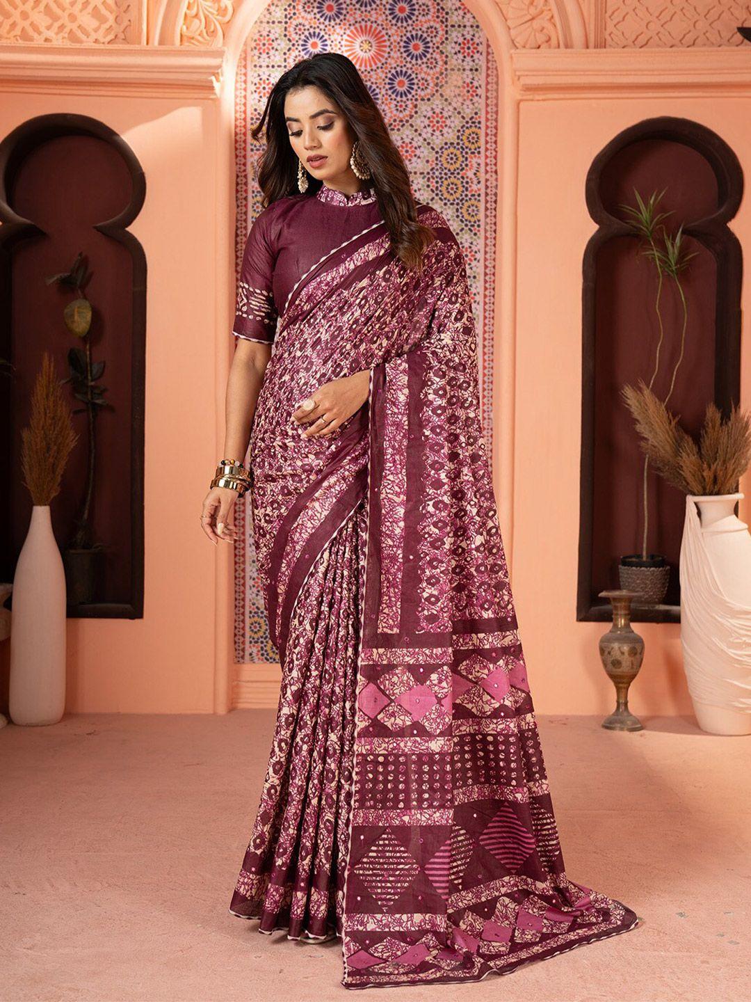 vastranand burgundy ajrak block mirror work pure cotton designer bagru saree