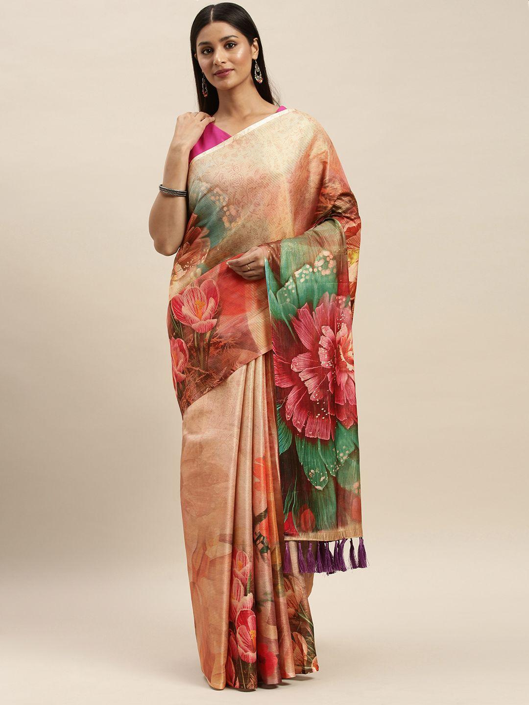 vastranand camel brown art silk printed maheshwari saree