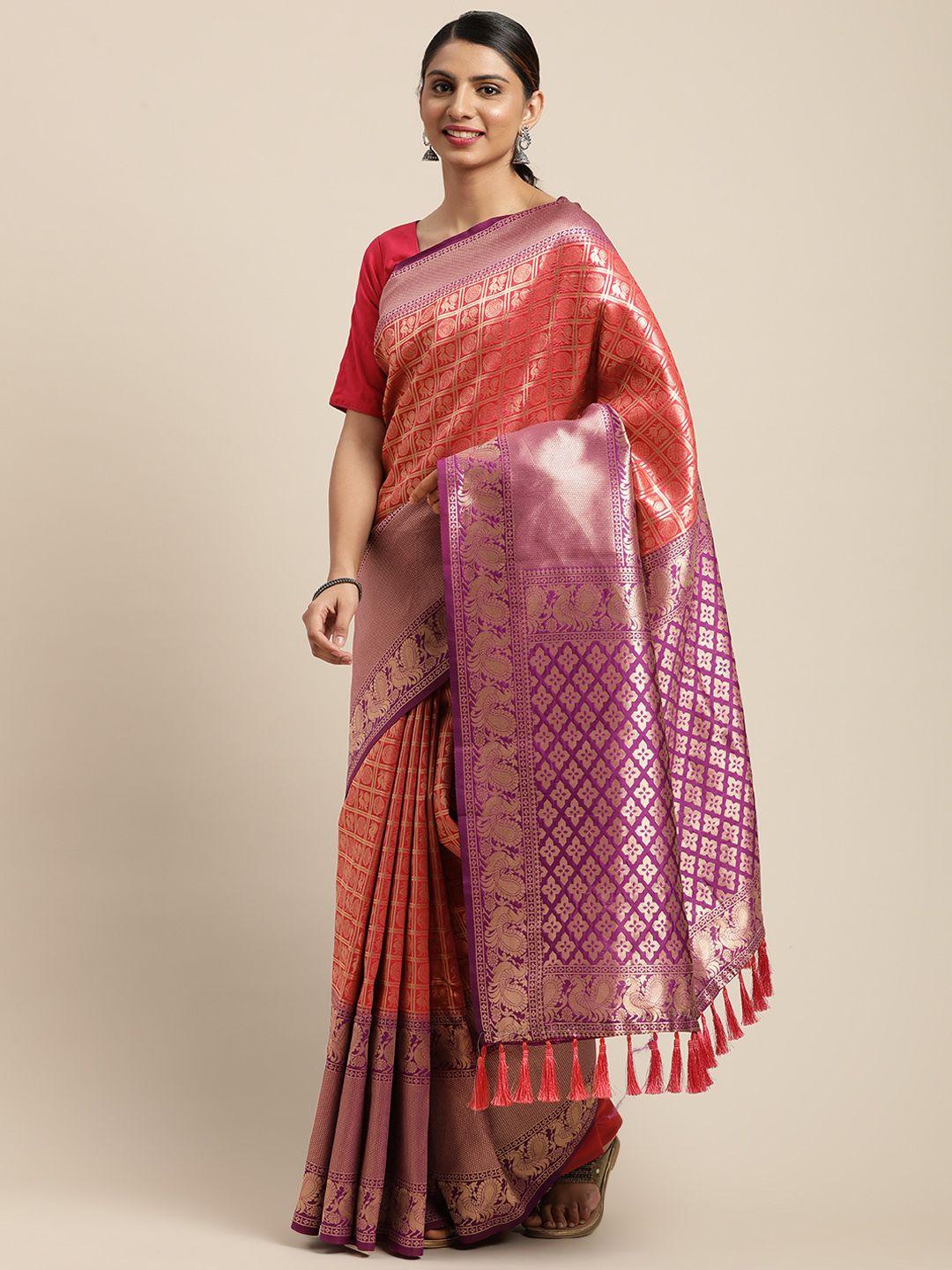 vastranand coral pink & golden woven design banarasi saree