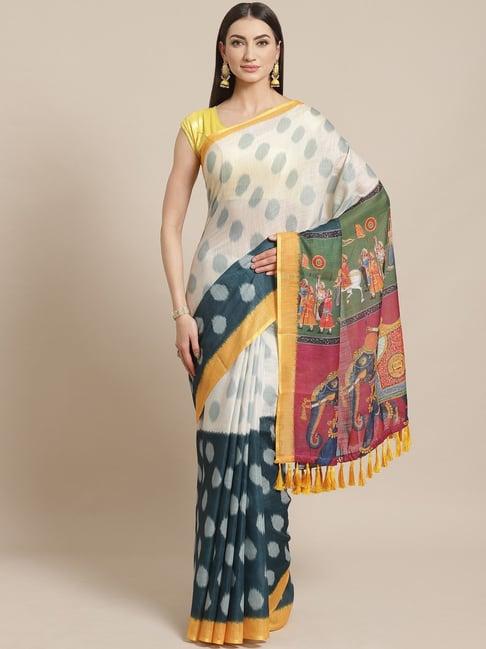 vastranand cream & blue printed saree with unstitched blouse