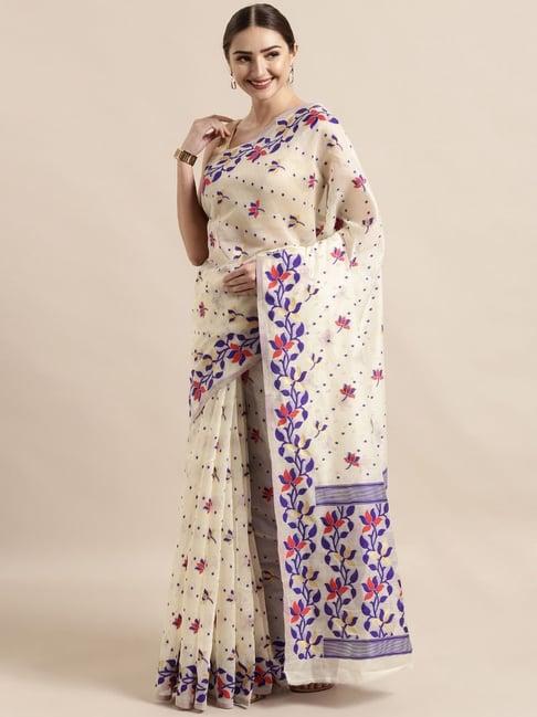 vastranand cream & blue woven saree with unstitched blouse