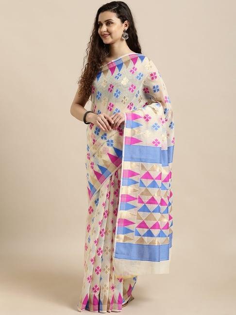 vastranand cream & pink woven saree with unstitched blouse