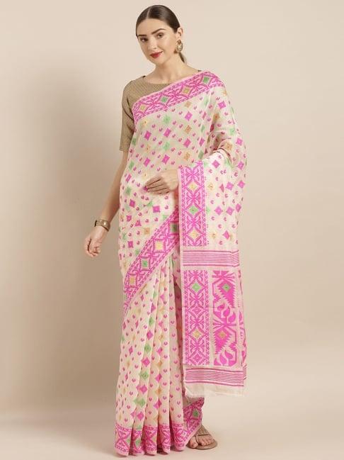 vastranand cream & pink woven saree with unstitched blouse