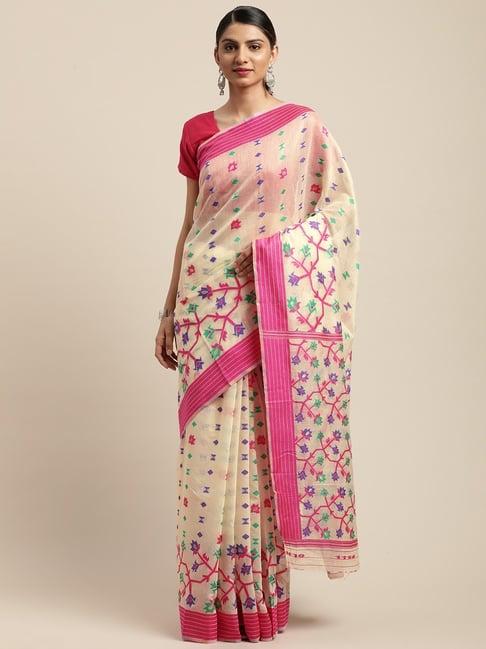 vastranand cream & pink woven saree with unstitched blouse