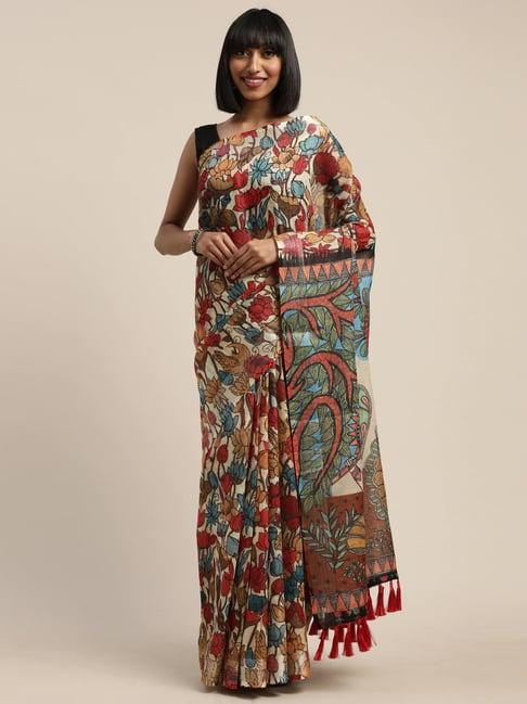 vastranand cream & red floral print saree with unstitched blouse