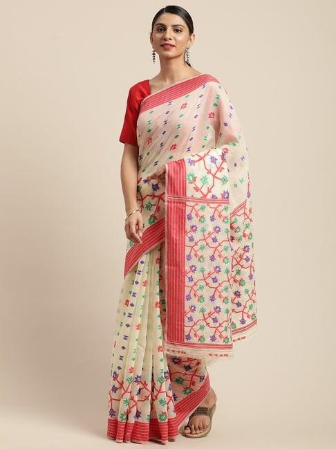 vastranand cream & red woven saree with unstitched blouse