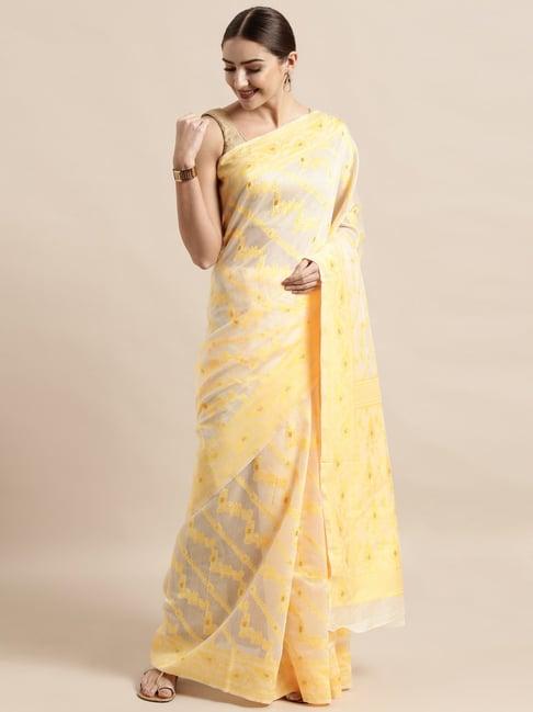 vastranand cream & yellow woven saree with unstitched blouse
