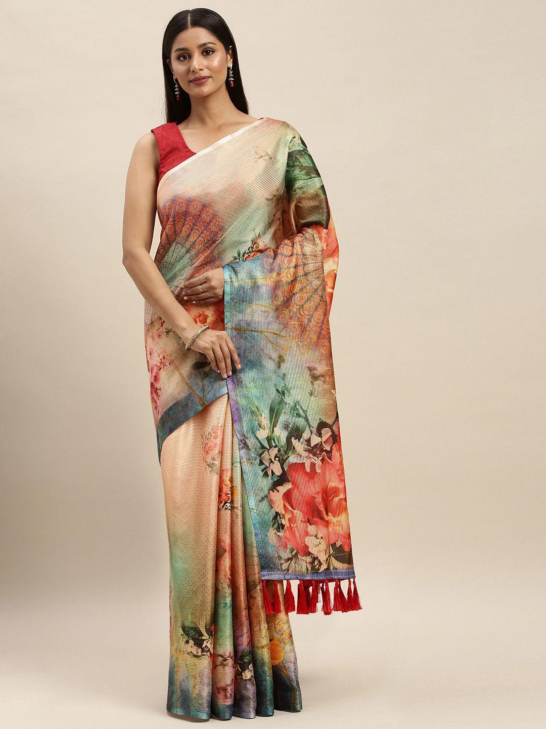 vastranand cream-coloured & blue art silk printed maheshwari saree