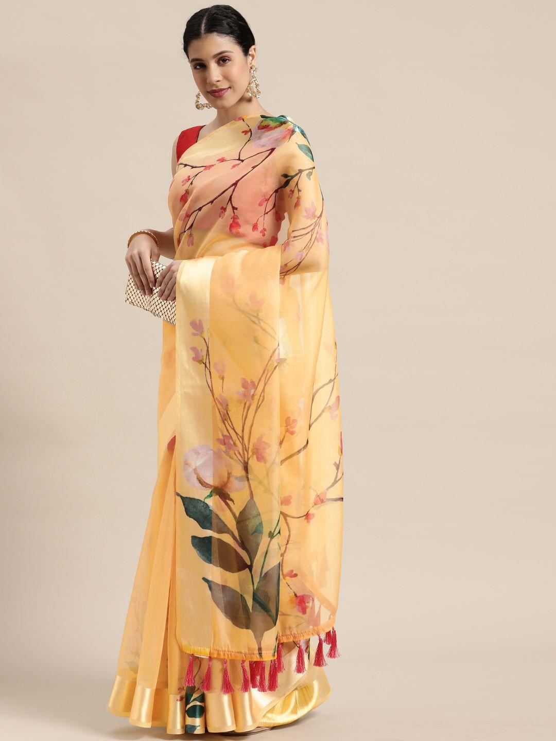 vastranand cream-coloured & red floral organza saree