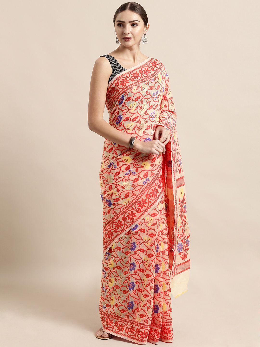 vastranand cream-coloured & red silk cotton woven design jamdani saree