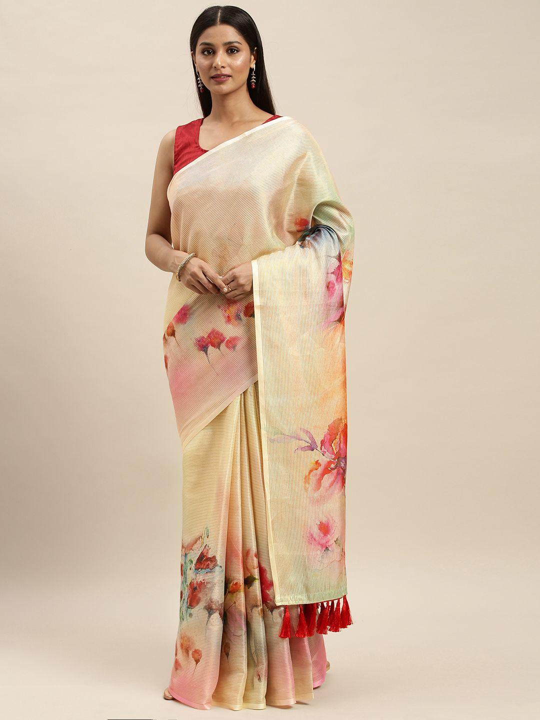 vastranand cream-coloured art silk printed maheshwari saree