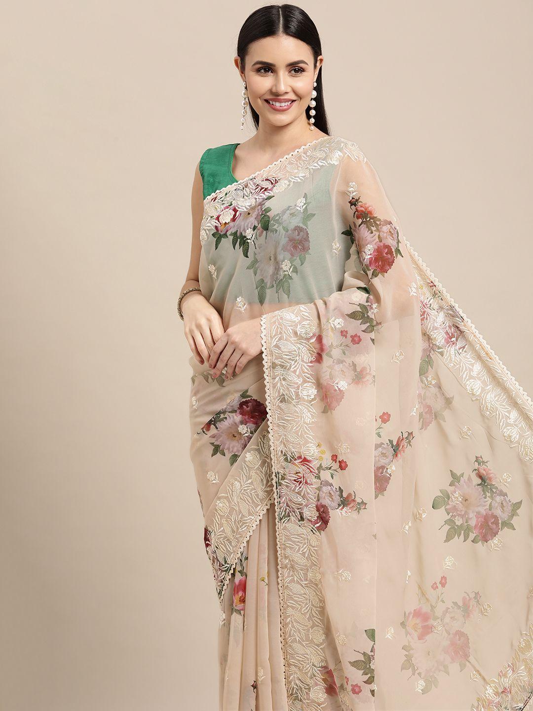 vastranand cream-coloured floral embroidered saree with blouse
