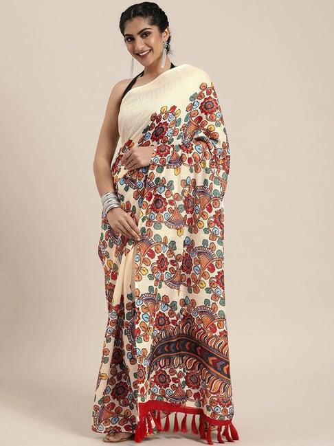 vastranand cream floral print saree with unstitched blouse