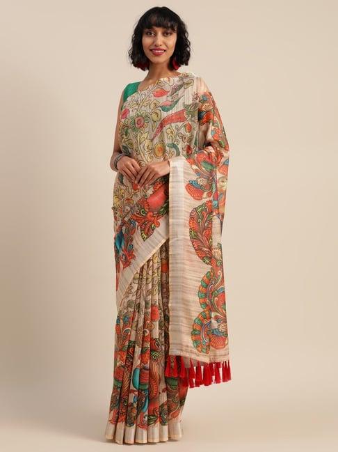 vastranand cream linen printed saree with unstitched blouse